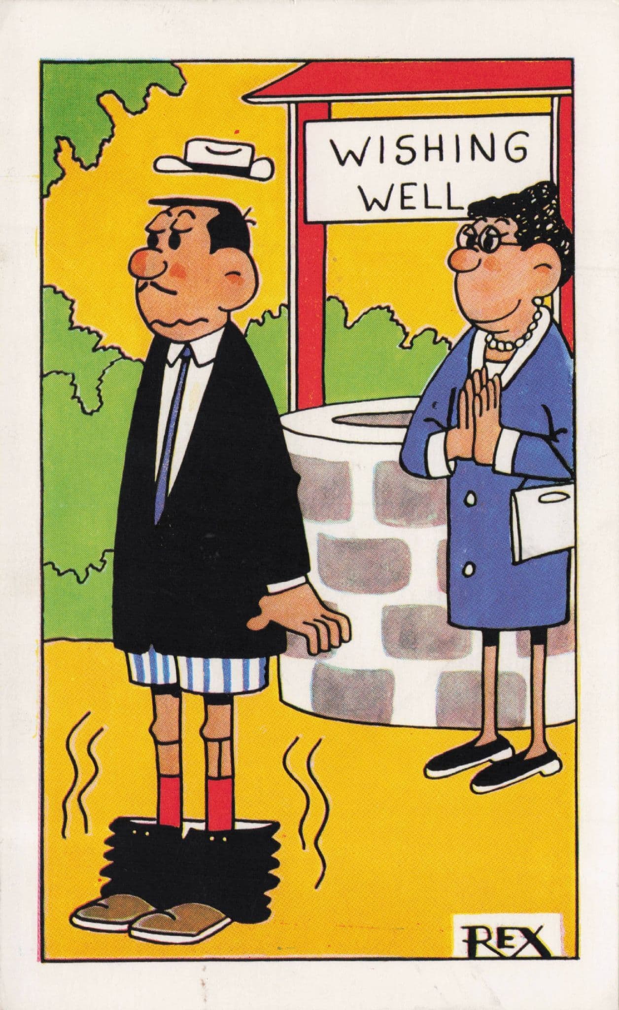 Wishing Well Lady Makes Man Show His Privates Old Comic Postcard
