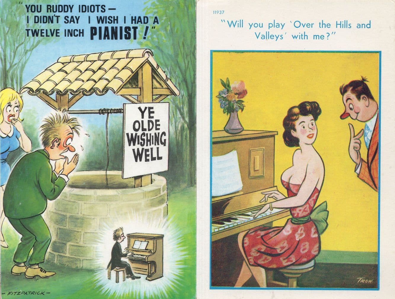 Wishing Well Piano 12 Inch Pianist 2x Comic 1970s Old Postcard