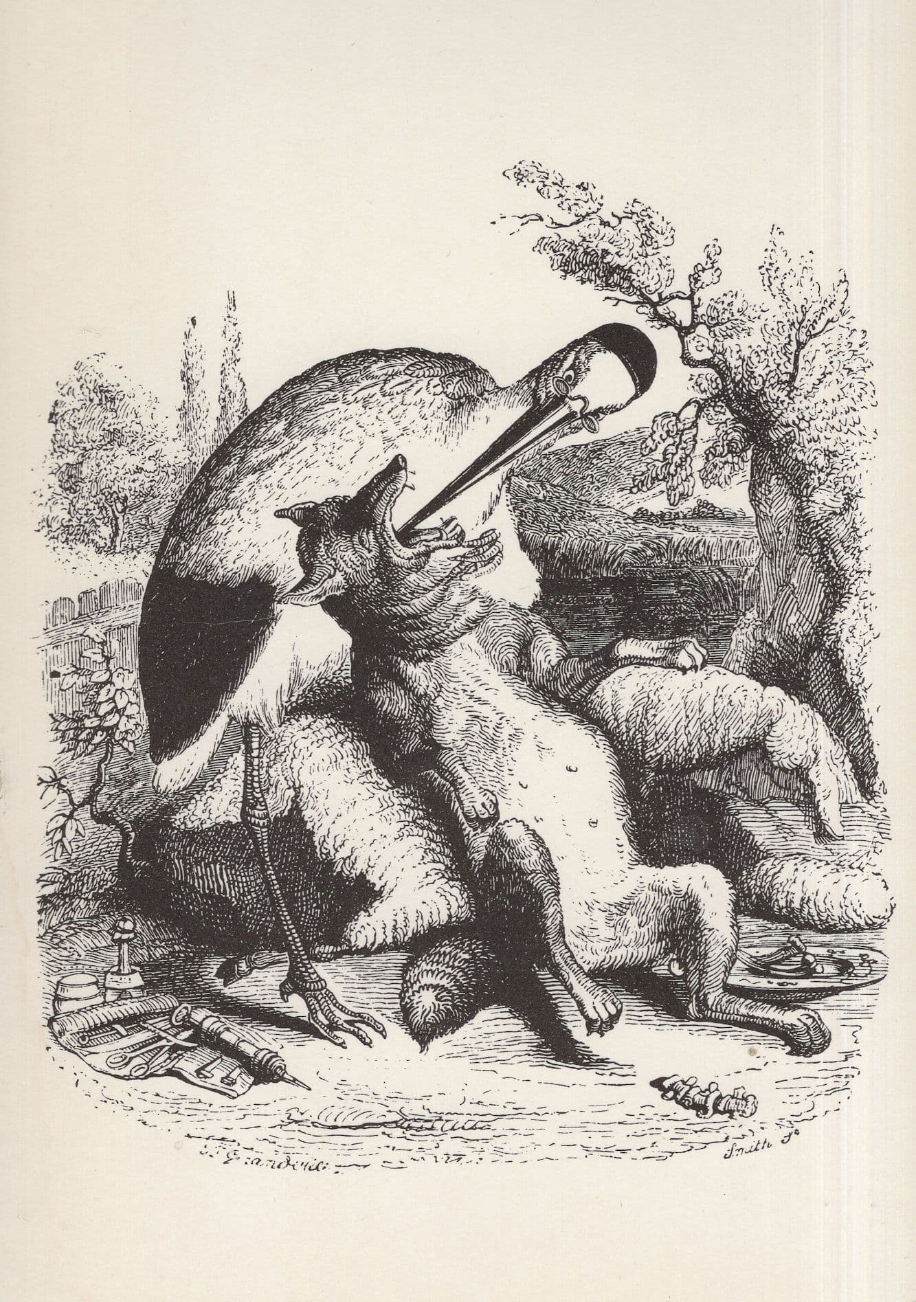 Wolf Stork Bird Grandville Victorian French Art Illustrator Painting Postcard