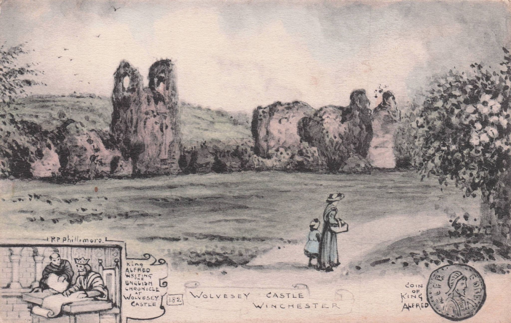 Wolvesey Castle King Alfred Coin Writing Book Winchester Old Phillimore Postcard