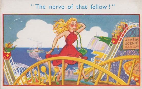 Woman Running From Naughty Man On 1950s Fair Rollercoaster Risque Comic Postcard