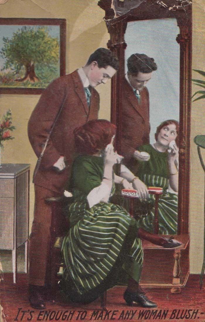 Women Blush Blusher Antique Make Up Box Application Beauty Worn Comic Postcard