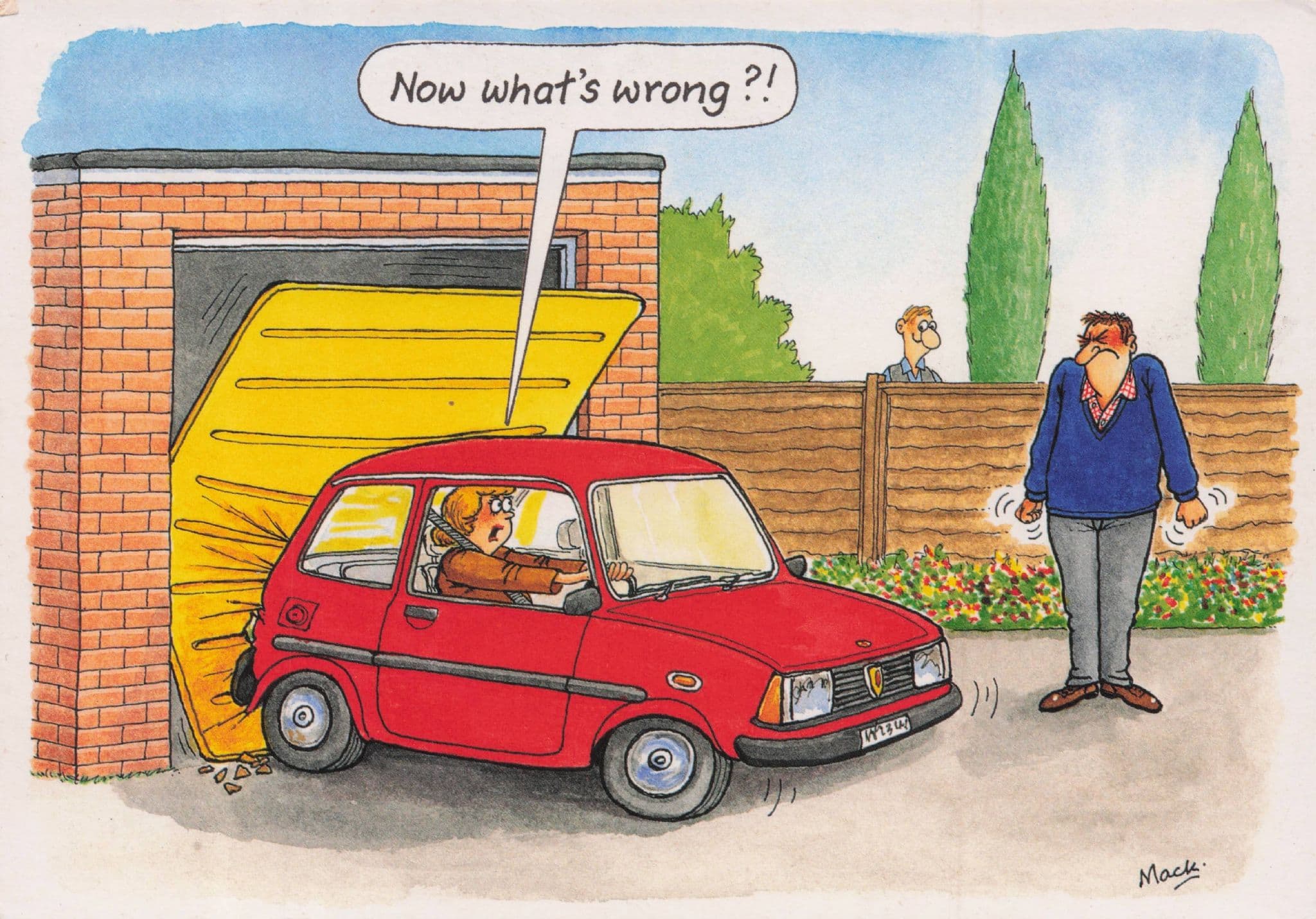 Women Driver Car Accident Garage Door Disaster Vintage Comic Postcard