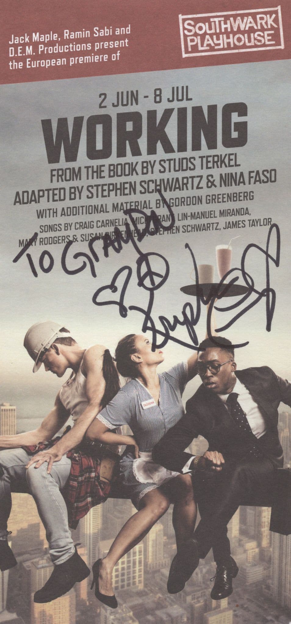 Working Stephen Schwartz Southwark Playhouse Hand Signed Flyer