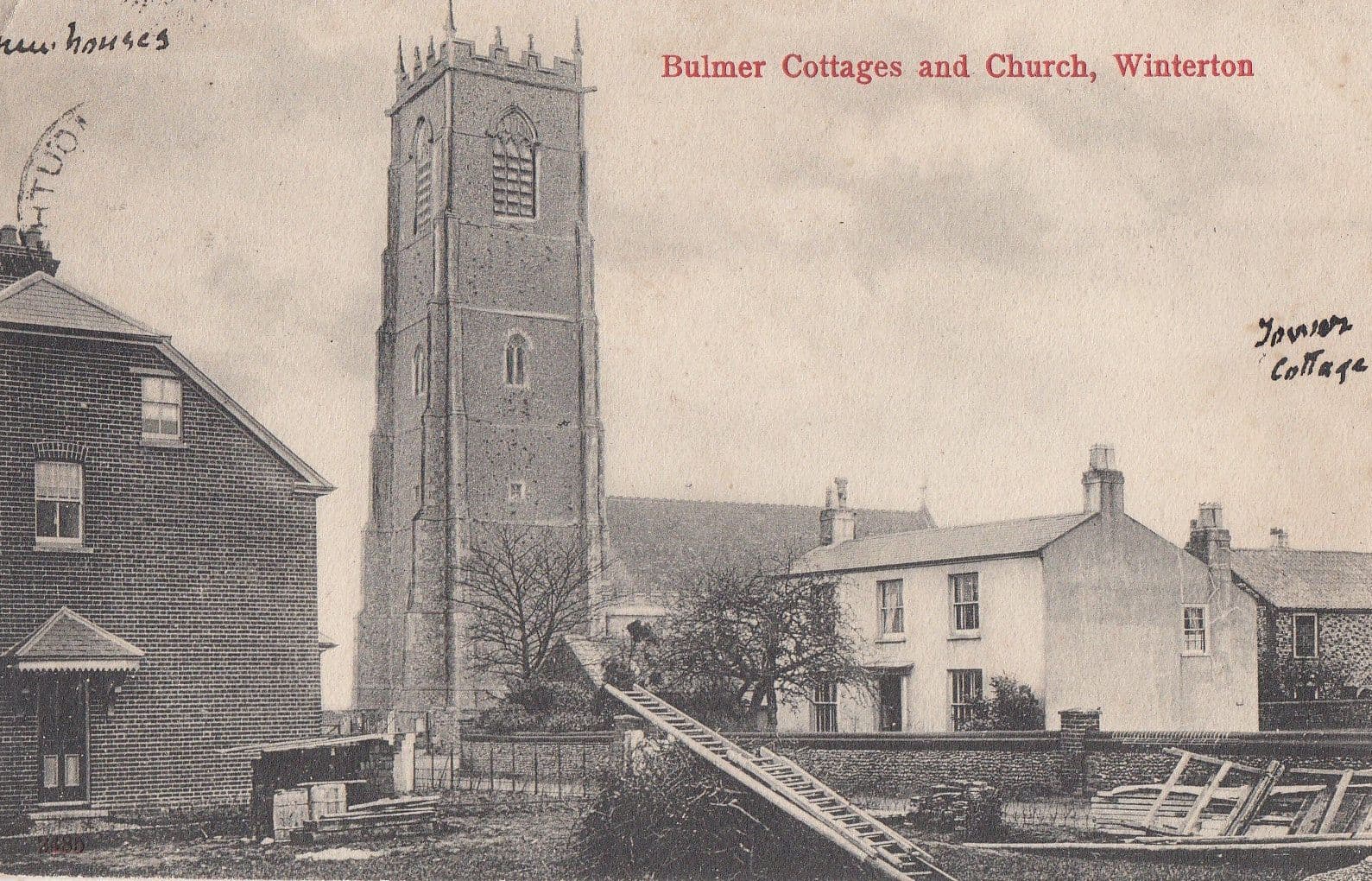 Workmen On Ladder Construction Winterton Cottages & Church Norfolk Old Postcard