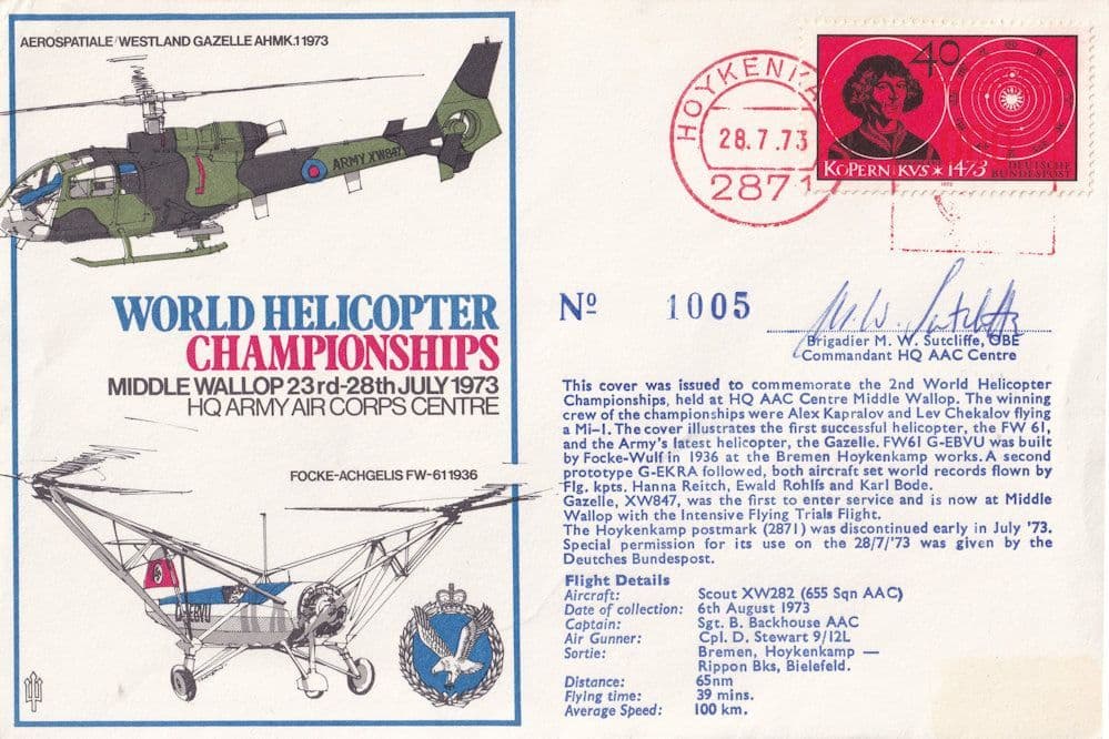 World Helicopter Championships Signed Brigadier Sutcliffe 1970s FDC