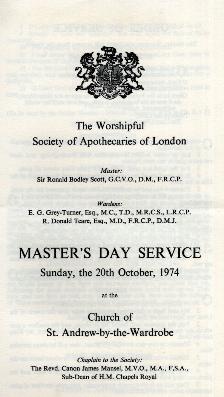 Worshipful Society of Apothecaries 1974 Masters Day Order Of Service