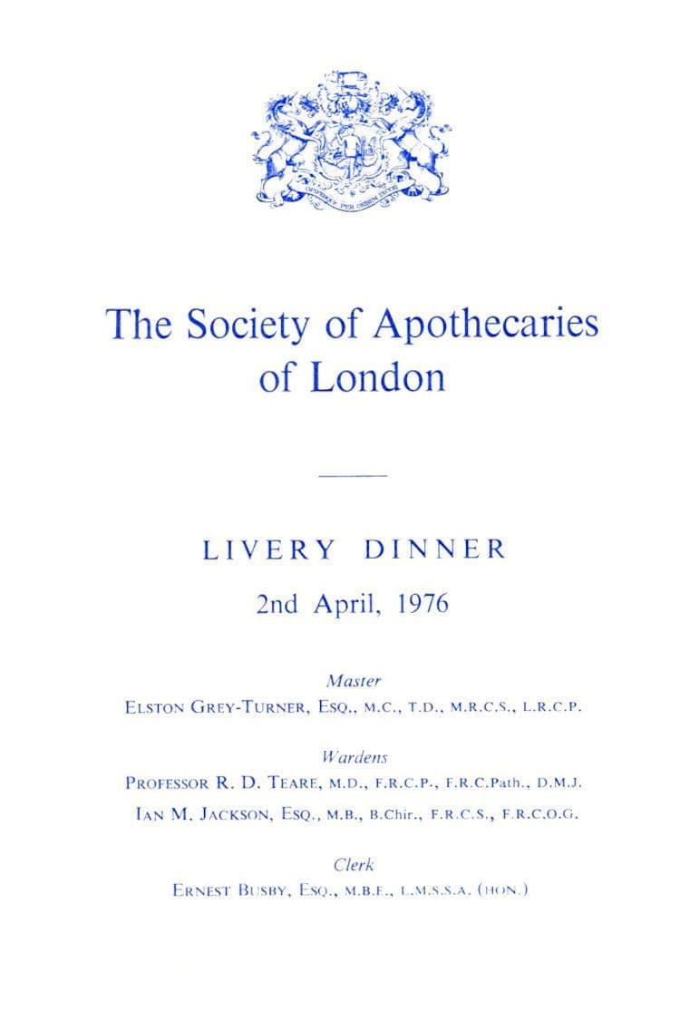 Worshipful Society of Apothecaries 1976 London Livery Dinner Menu