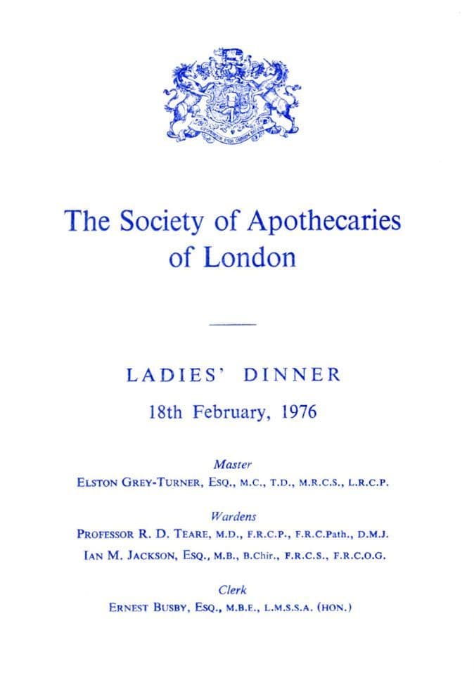 Worshipful Society of Apothecaries Ladies Vintage 1976 London Dinner Menu