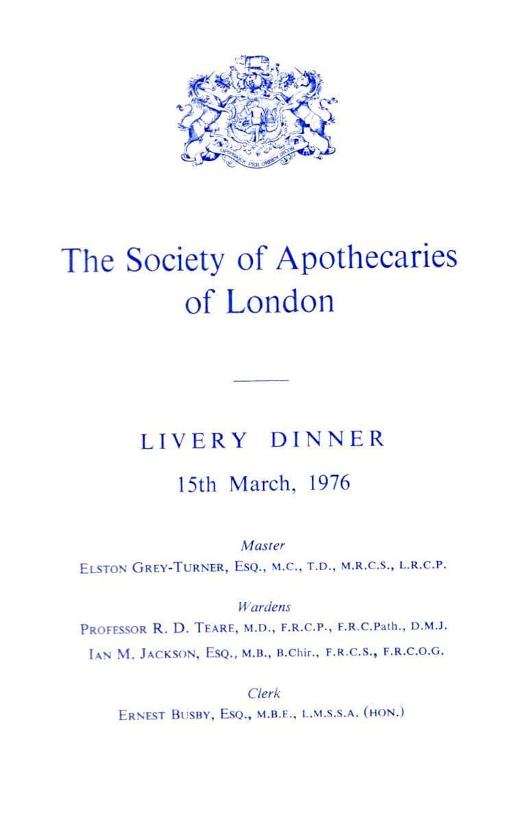 Worshipful Society of Apothecaries Rare 1974 Livery London Dinner Menu
