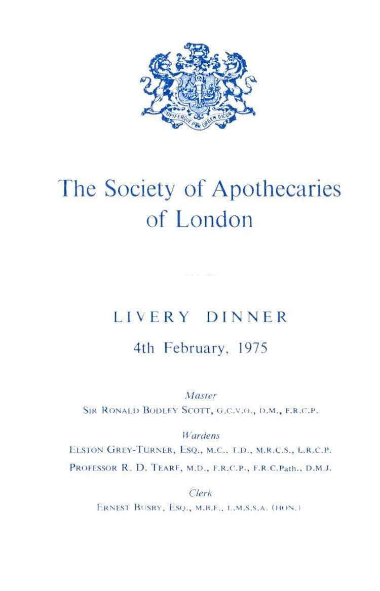 Worshipful Society of Apothecaries Rare 1975 Livery London Dinner Menu
