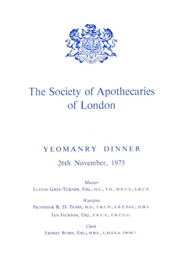 Worshipful Society of Apothecaries Vintage 1975 Yeomanry London Dinner Menu