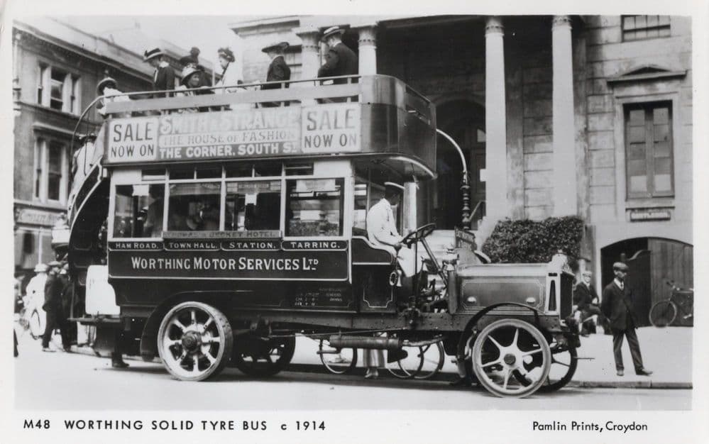 Worthing Motor Services Solid Tyre Old Bus in WW1 Postcard