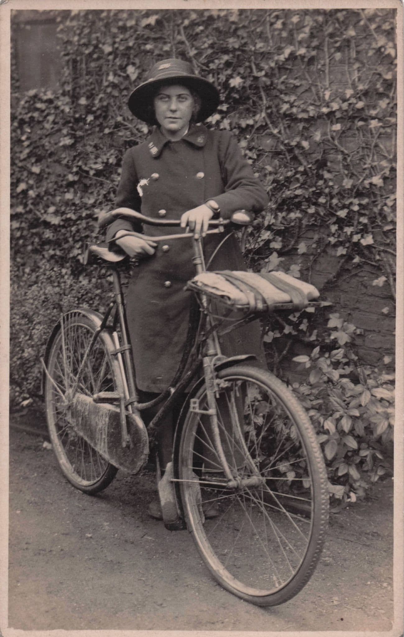WW1 Woman Soldier Army Corps War Bicycle Uniform Antique RPC Postcard