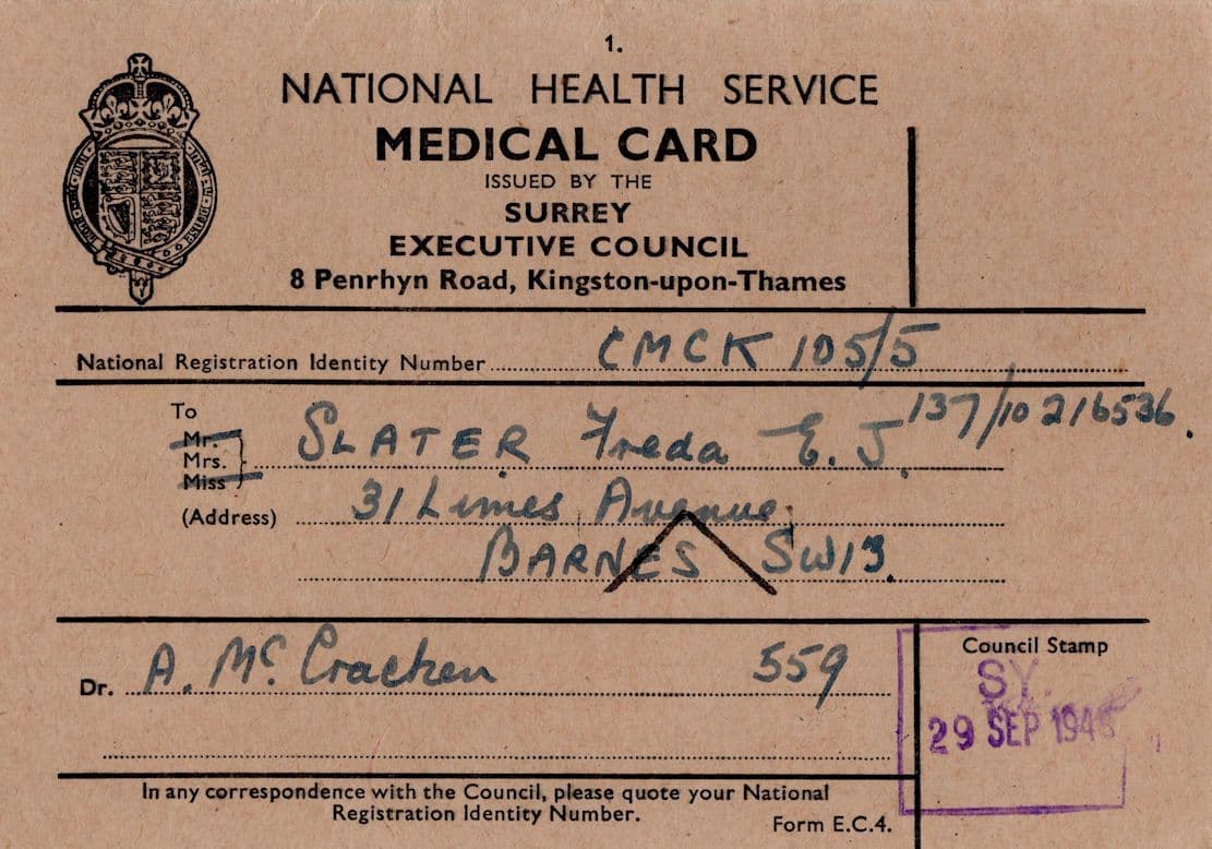 WW2 1945 Wartime National Health Service Medical Card