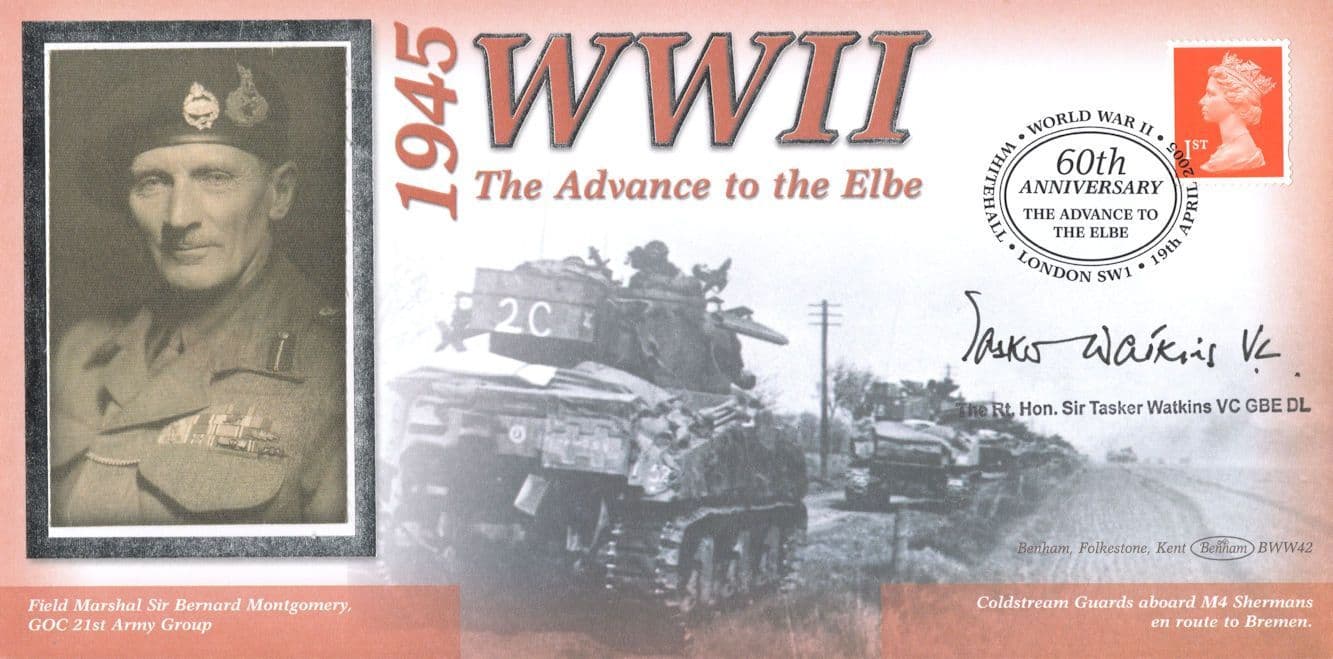 WW2 Advance To The Elbe Welsh Hero Tasker Watkins Benham Hand Signed FDC