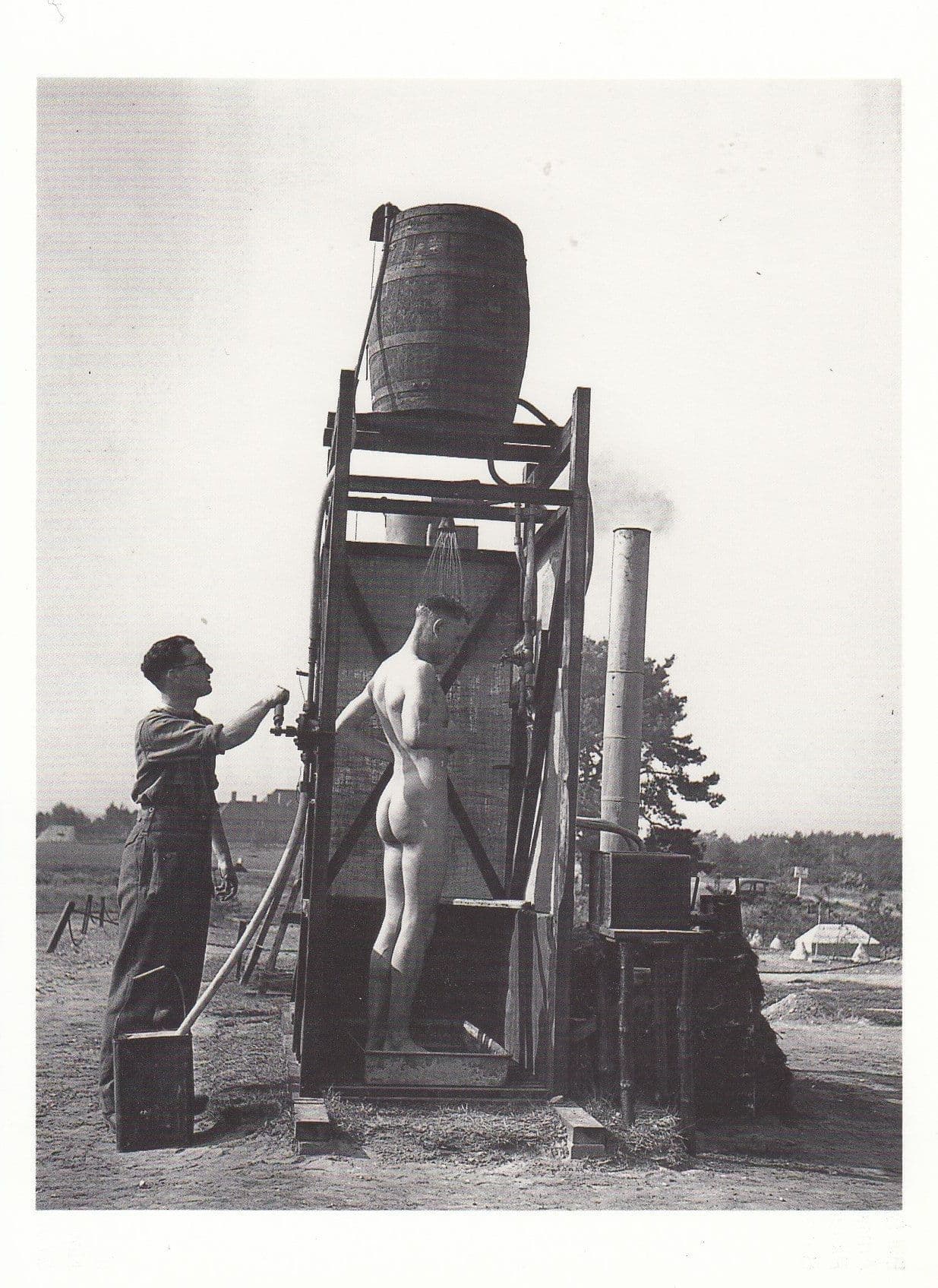 WW2 Army Suitability Tests Shower With Beer Keg Barrell Postcard