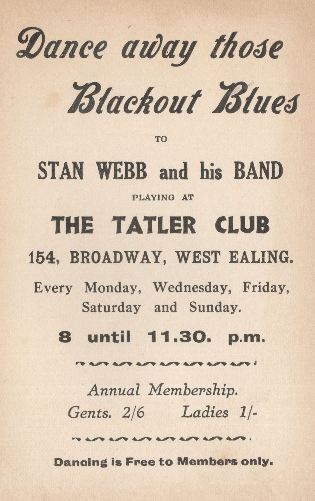 WW2 Blackout Blues Stan Webb West Ealing Tatler Club London PB Postcard