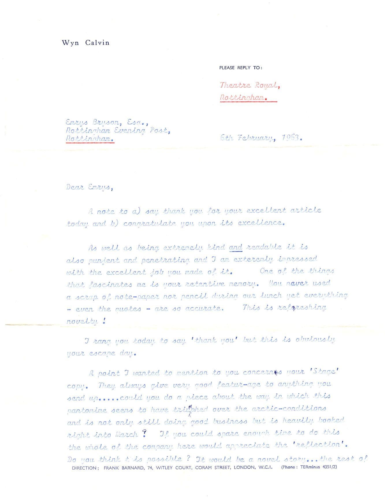 Wyn Calvin Welsh Comedian 1963 Newspaper Signed Letter