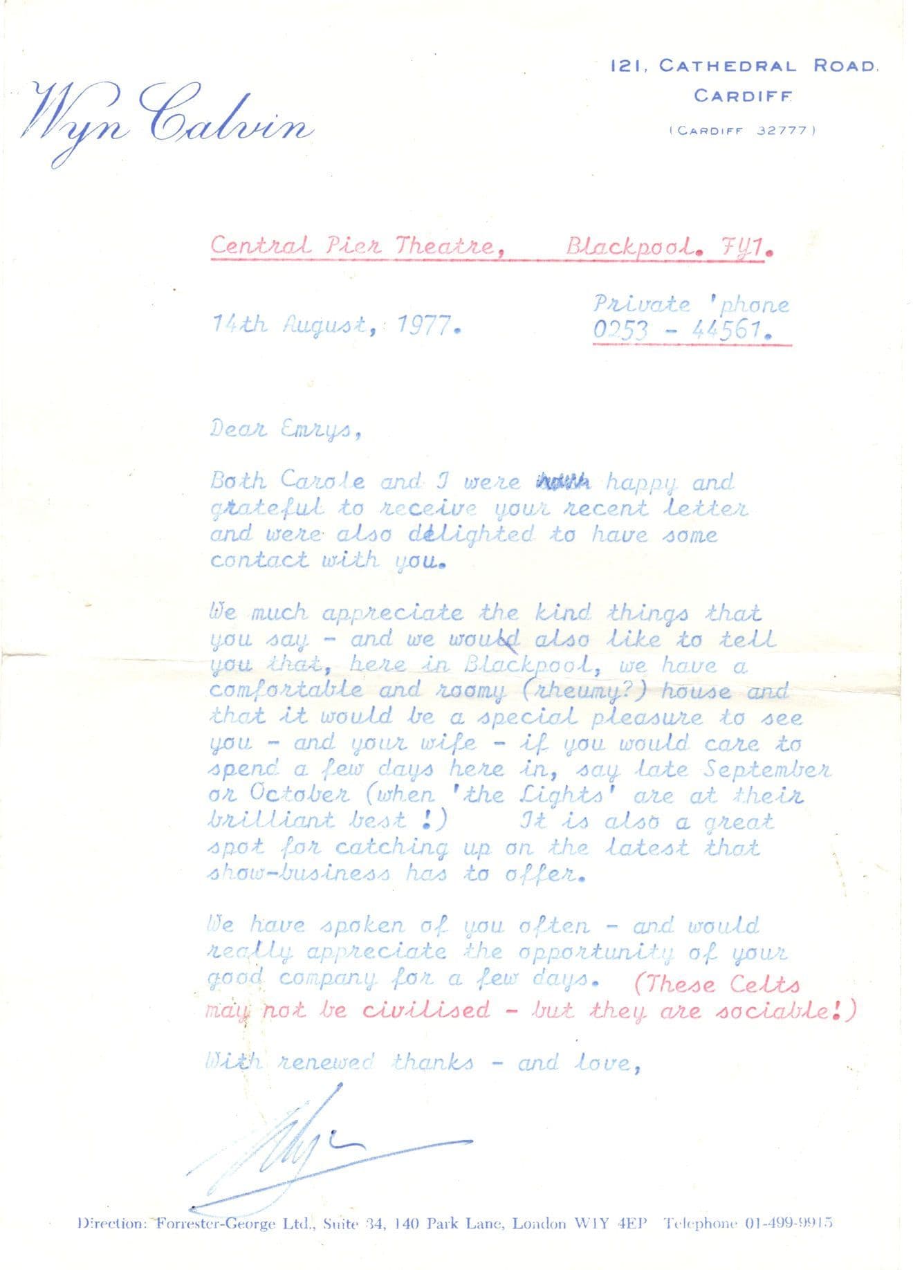 Wyn Calvin Welsh Theatre TV Comedian Stay At My House Signed 1977 Letter