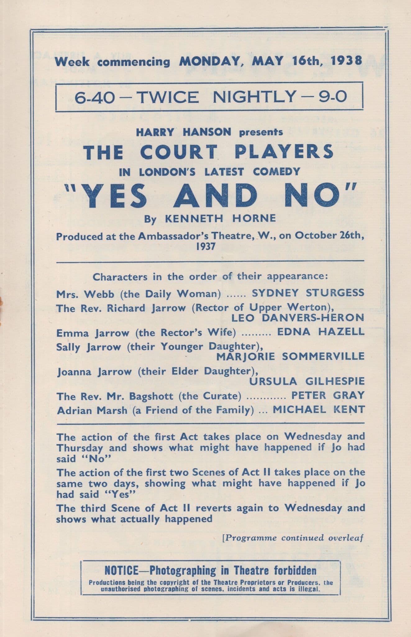 Yes & No Harry Hanson Kenneth Horne 1938 Nottingham Theatre Comedy Programme