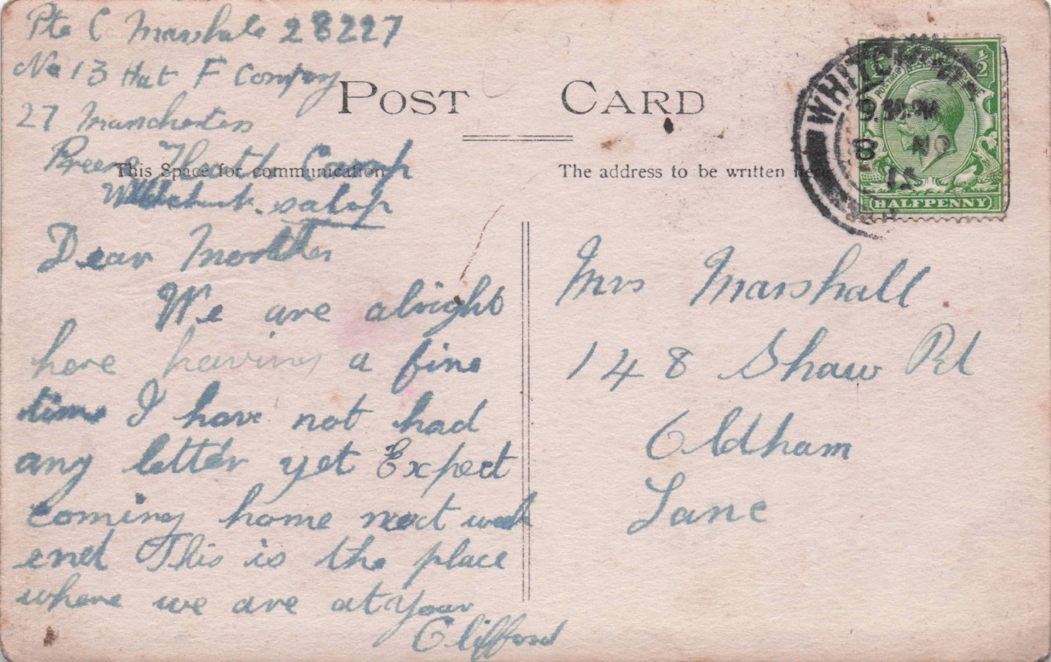 YMCA Military Prees Heath Camp Shropshire Soldier Signed Postcard