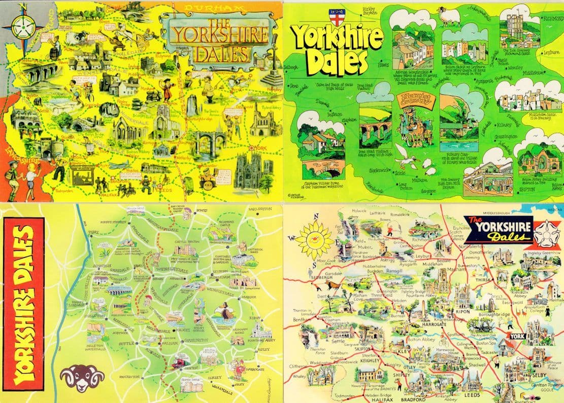 Yorkshire Dales 4x Vintage Map Postcard s