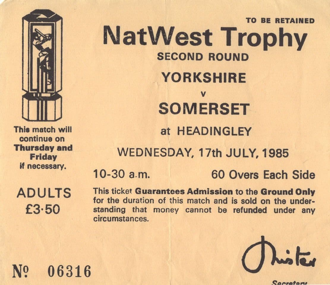 Yorkshire Vs Somerset 1985 Cricket Quarter Final Ticket