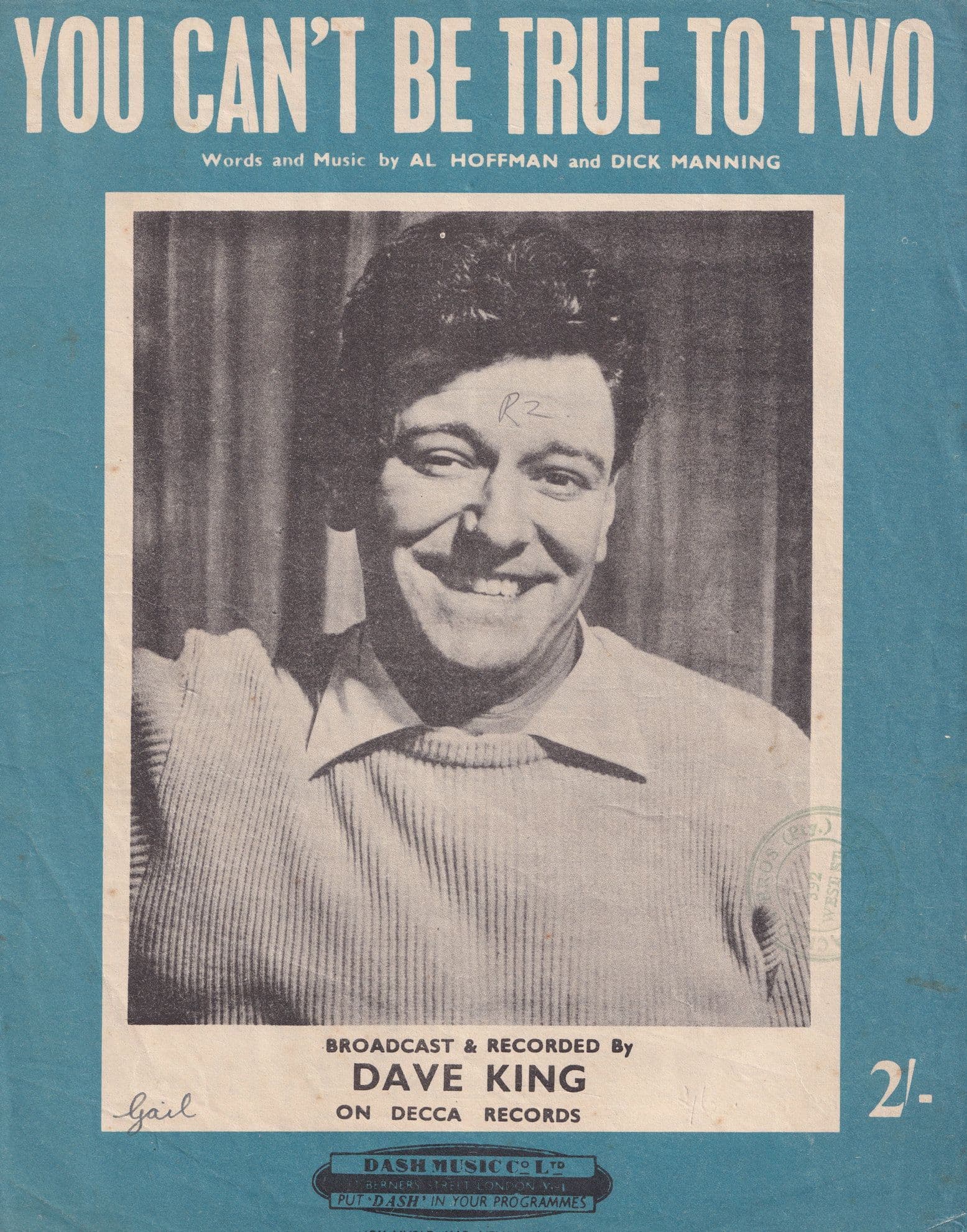 You Cant Be True To Two Dave King 1950s Sheet Music