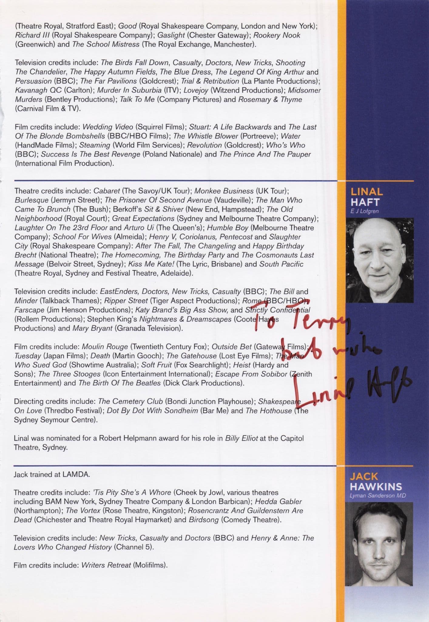 Youssef Kerkour Ingrid Oliver Linal Haft Sally Scott Hand Signed Theatre Page