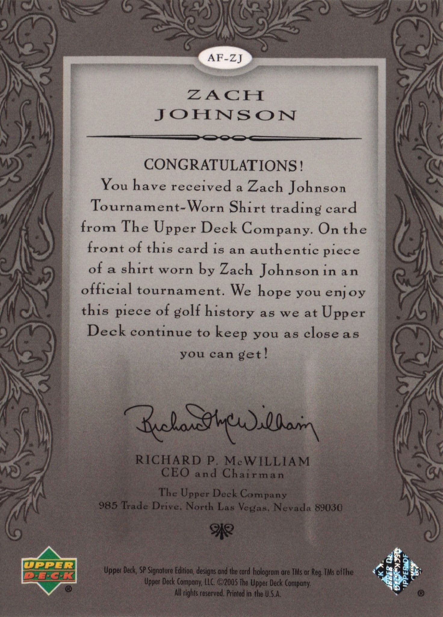 Zach Johnson Authentic Fabrics 2005 SP Golf Upper Deck Worn Shirt Card