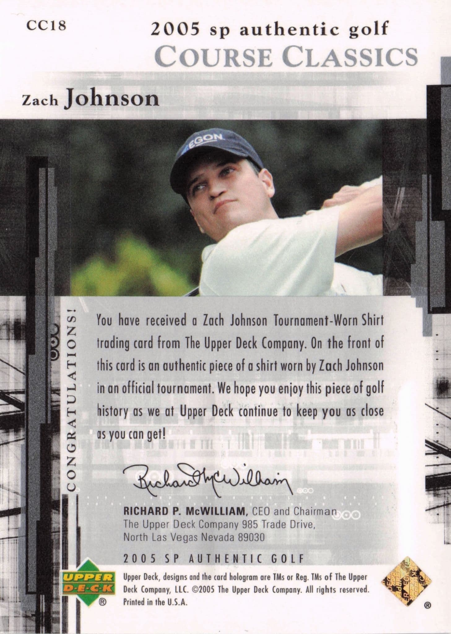Zach Johnson Course Classics 2005 Golf SP Upper Deck Worn Shirt Card