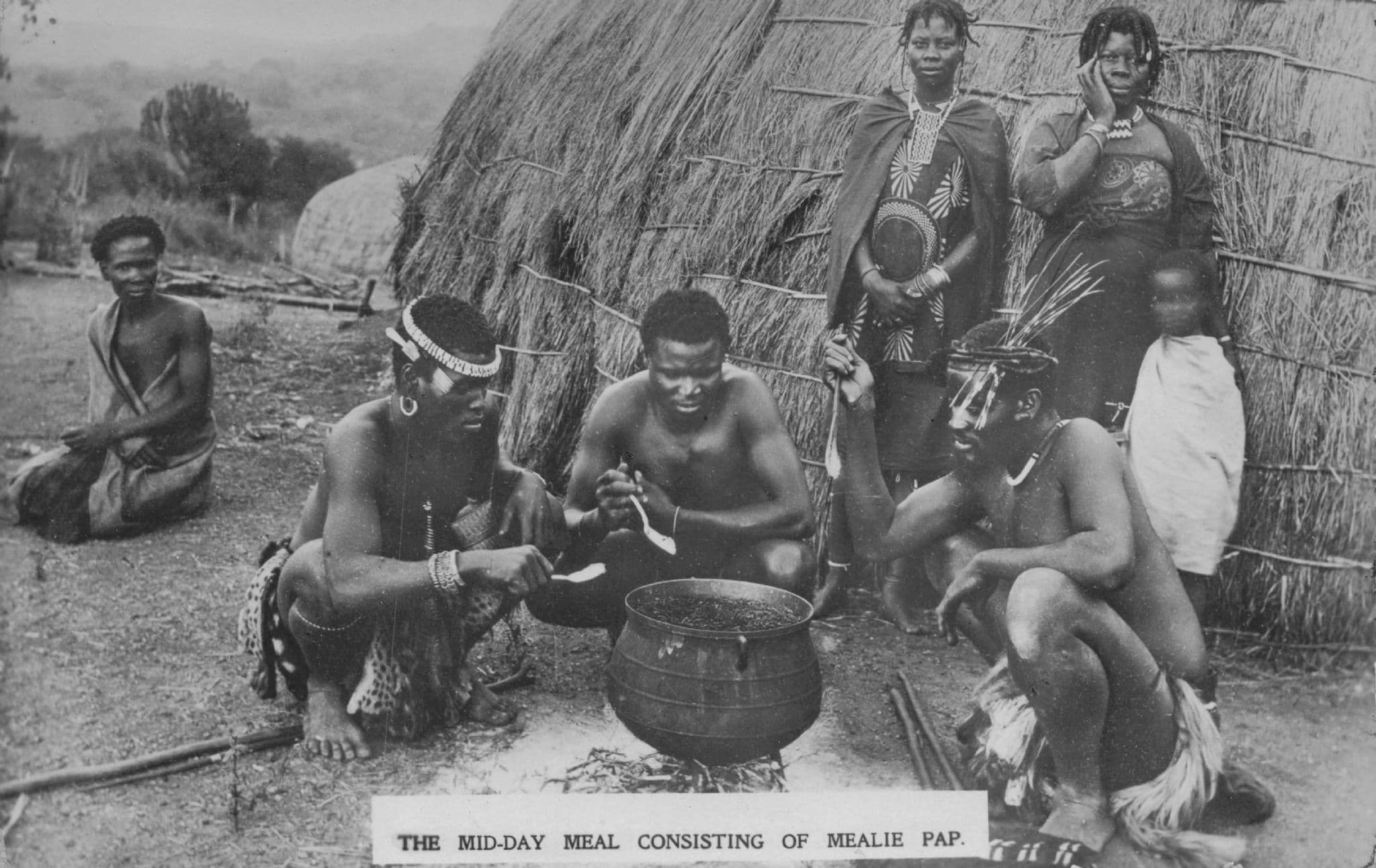 Zulu Family Midday Meal Of Mealie Pap Africa Old Rare RPC Postcard