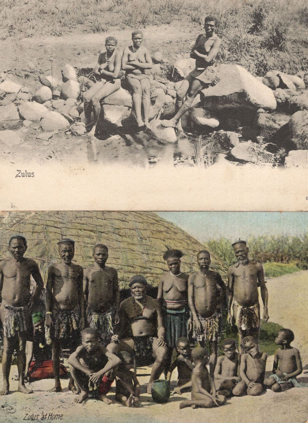 Zulus at Home On Rocks Risque 2x Antique African Zulu Postcard s