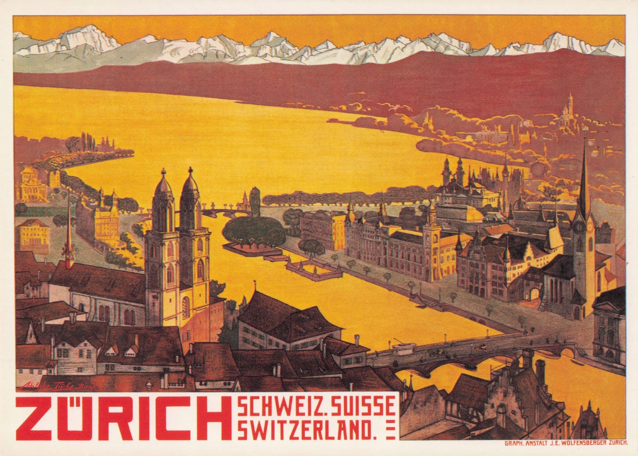 Zurich 1908 Aerial Switzerland Travel Poster Advertising Postcard