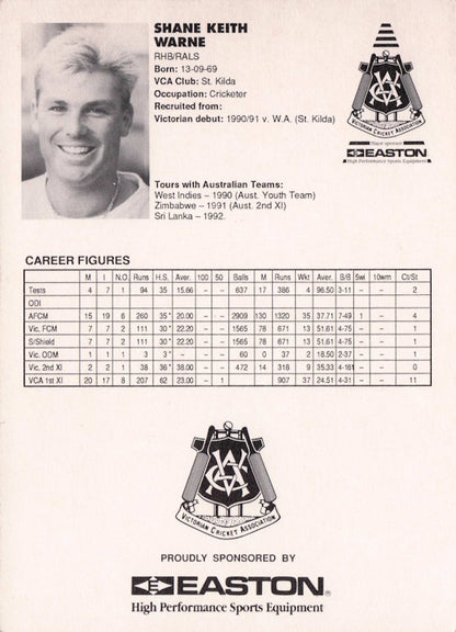 Shane Warne AS ROOKIE Australia 1992 RARE VCA Easton Cricket Trade Postcard