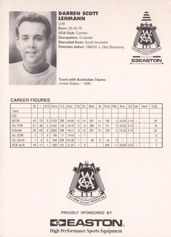 Darren Lehmann Vintage Australia RARE 1992 VCA Easton Cricket Trade Postcard