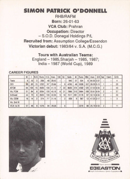 Simon O'Donnell Vintage Australian RARE 1992 VCA Easton Cricket Trade Postcard