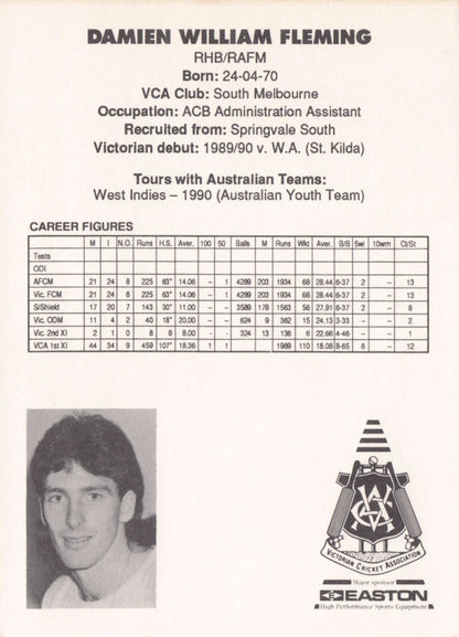 Damien Fleming Vintage Australia RARE 1992 VCA Easton Cricket Trade Postcard