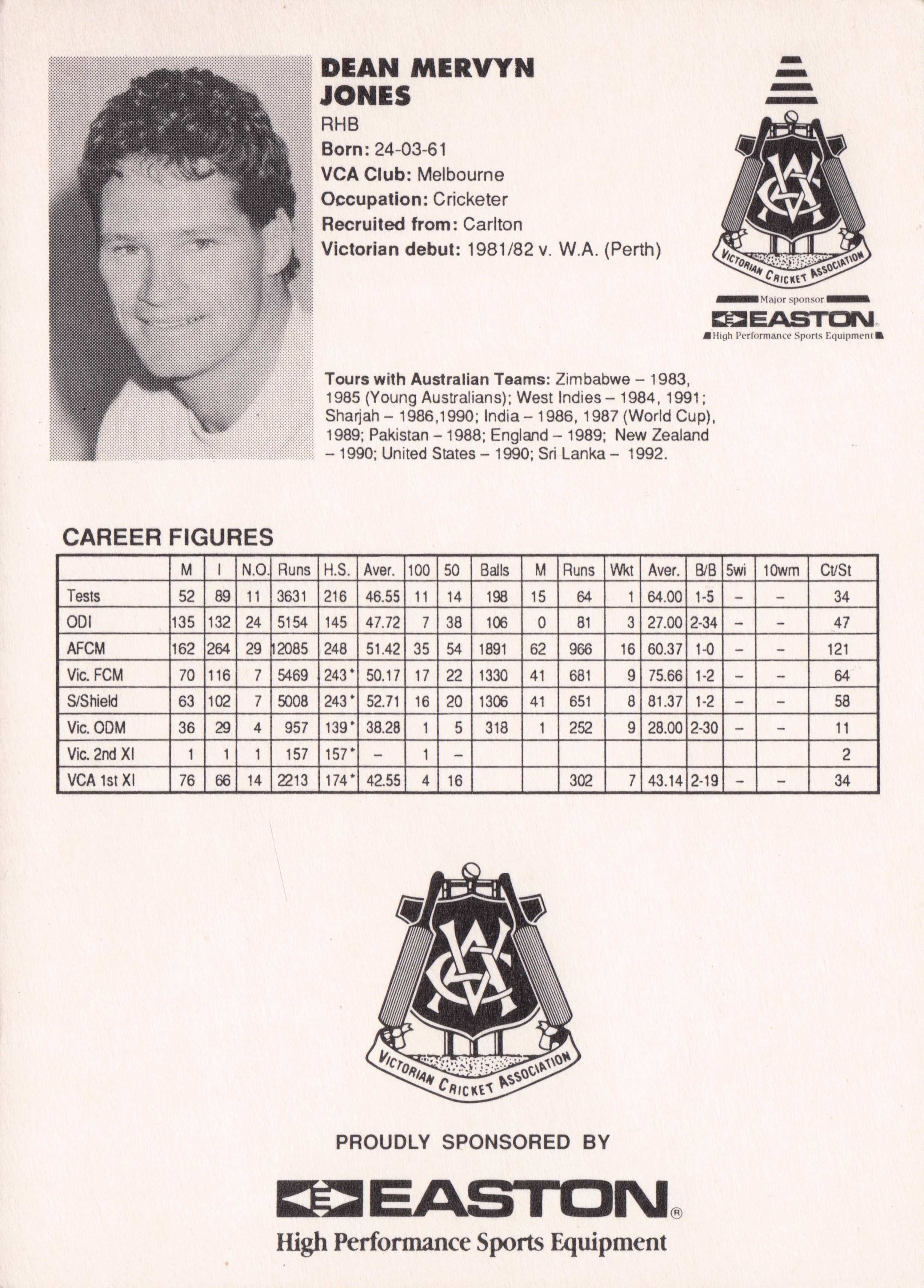 Dean Jones Vintage Australia RARE 1992 VCA Easton Cricket Trade Postcard