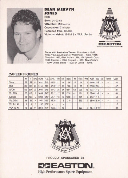 Dean Jones Vintage Australia RARE 1992 VCA Easton Cricket Trade Postcard