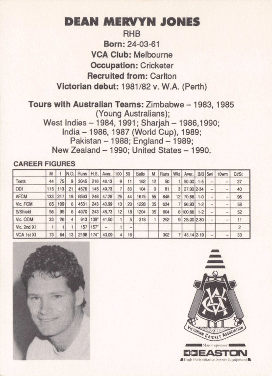Dean Jones Vintage Australia RARE 1992 VCA Easton Cricket Trade Postcard