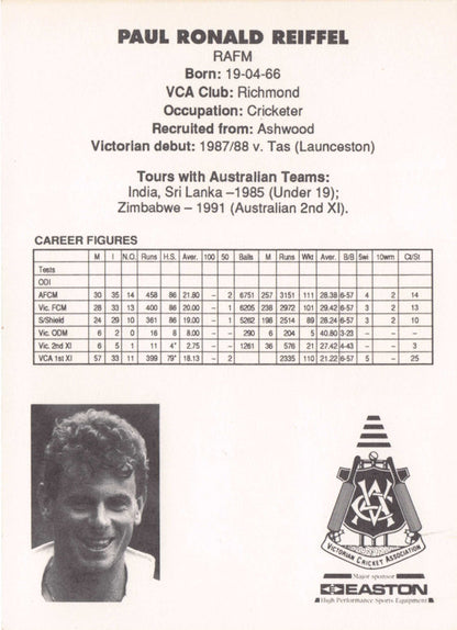 Paul Reiffel Vintage Australia RARE 1992 VCA Easton Cricket Trade Postcard