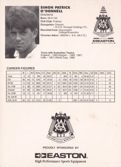 Simon O'Donnell Vintage Australia RARE 1992 VCA Easton Cricket Trade Postcard