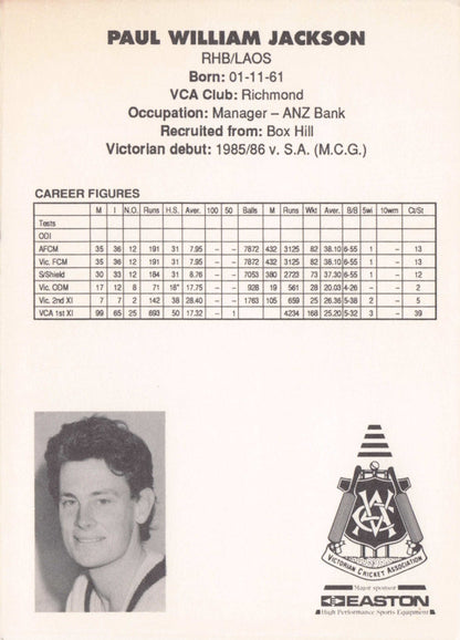 Paul Jackson Vintage Australia RARE 1992 VCA Easton Cricket Trade Postcard