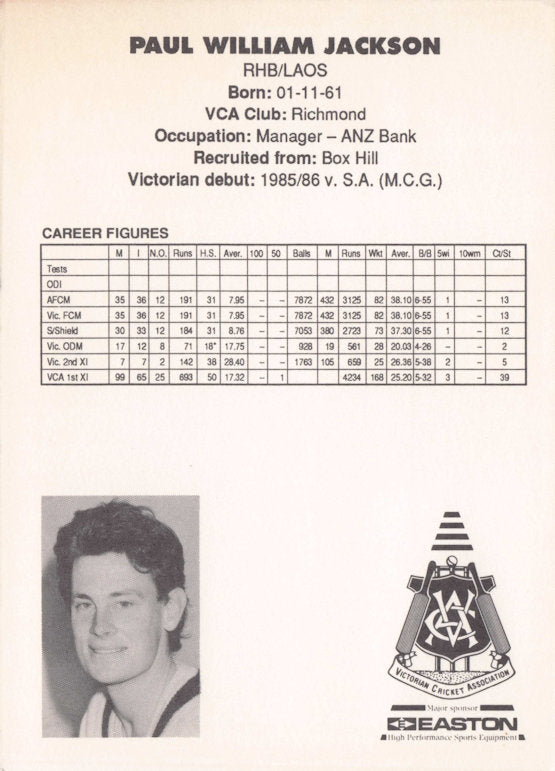 Paul Jackson Vintage Australia RARE 1992 VCA Easton Cricket Trade Postcard