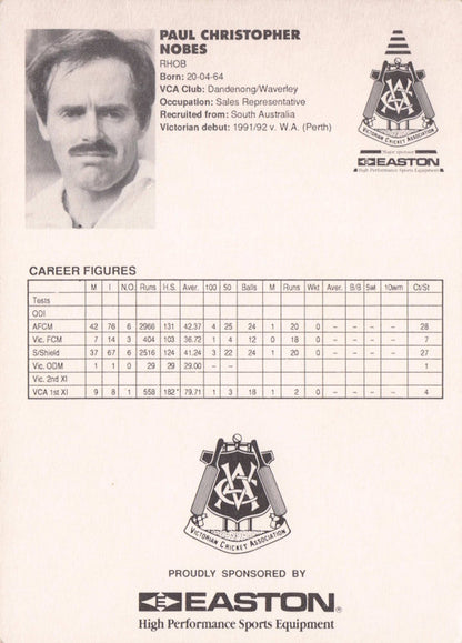 Paul Nobes Vintage Australia RARE 1992 VCA Easton Cricket Trade Postcard