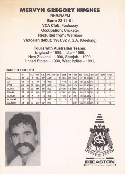 Merv Hughes Vintage Australian RARE 1992 VCA Easton Cricket Trade Postcard