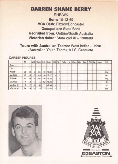 Darren Berry Vintage Australia RARE 1992 VCA Easton Cricket Trade Postcard