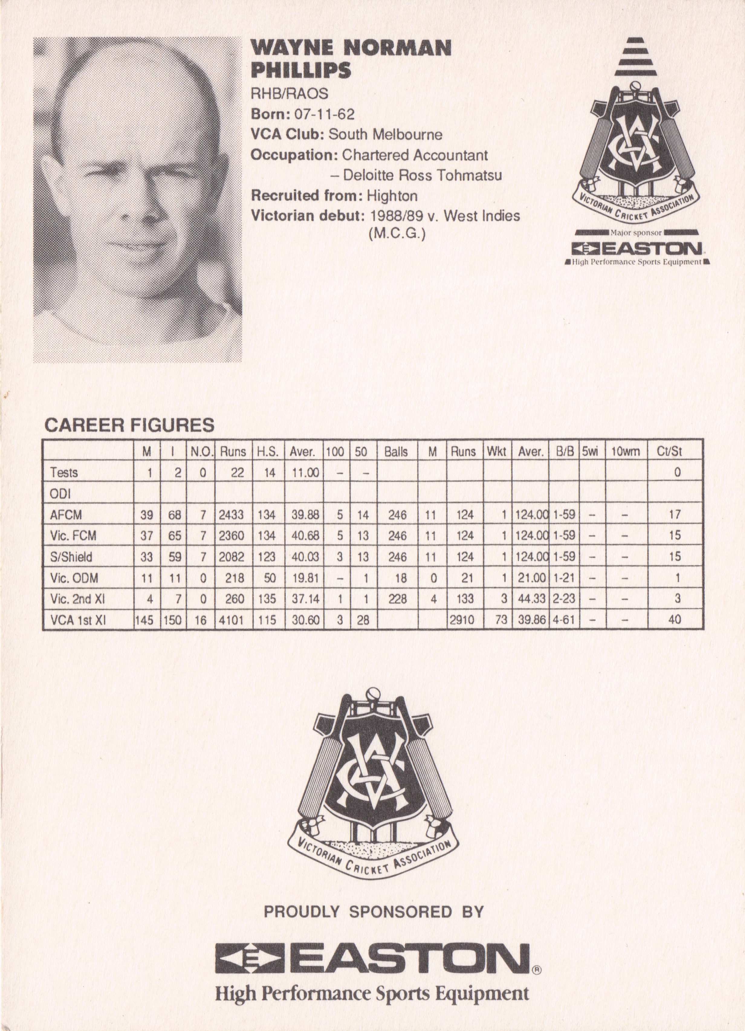 Wayne Phillips Vintage Australia RARE 1992 VCA Easton Cricket Trade Postcard